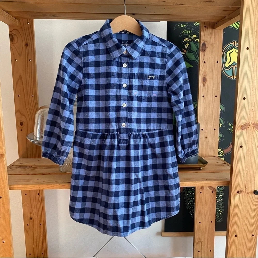 Vineyard Vine Blue Lighthouse Gingham Plaid Flannel Shirt Dress 4t